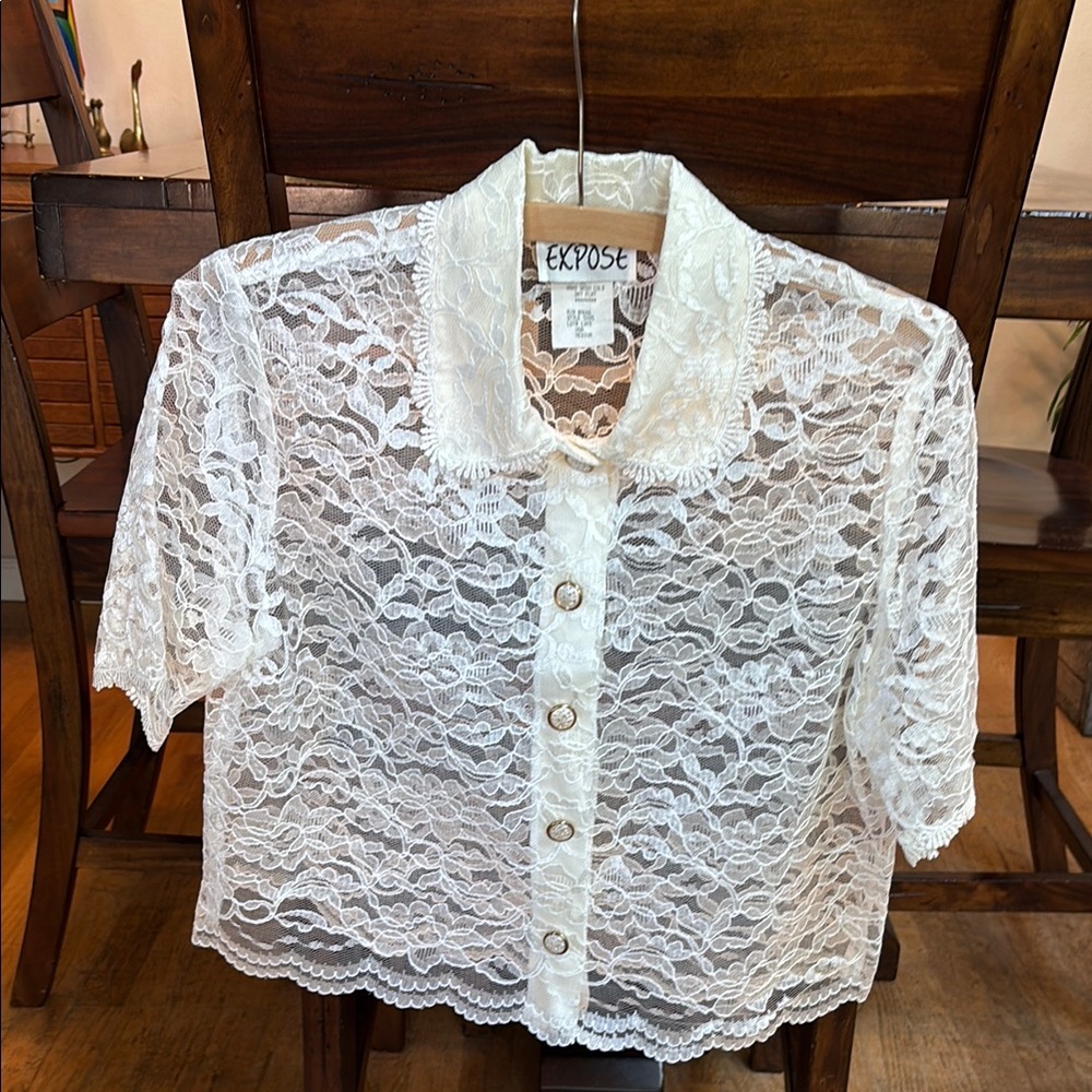 Vintage Off White Lace Button-Up Top